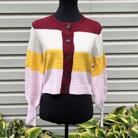 NWT Wild Fable Striped Button Up Balloon Sleeve Crop Sweater - Picture 4 of 8